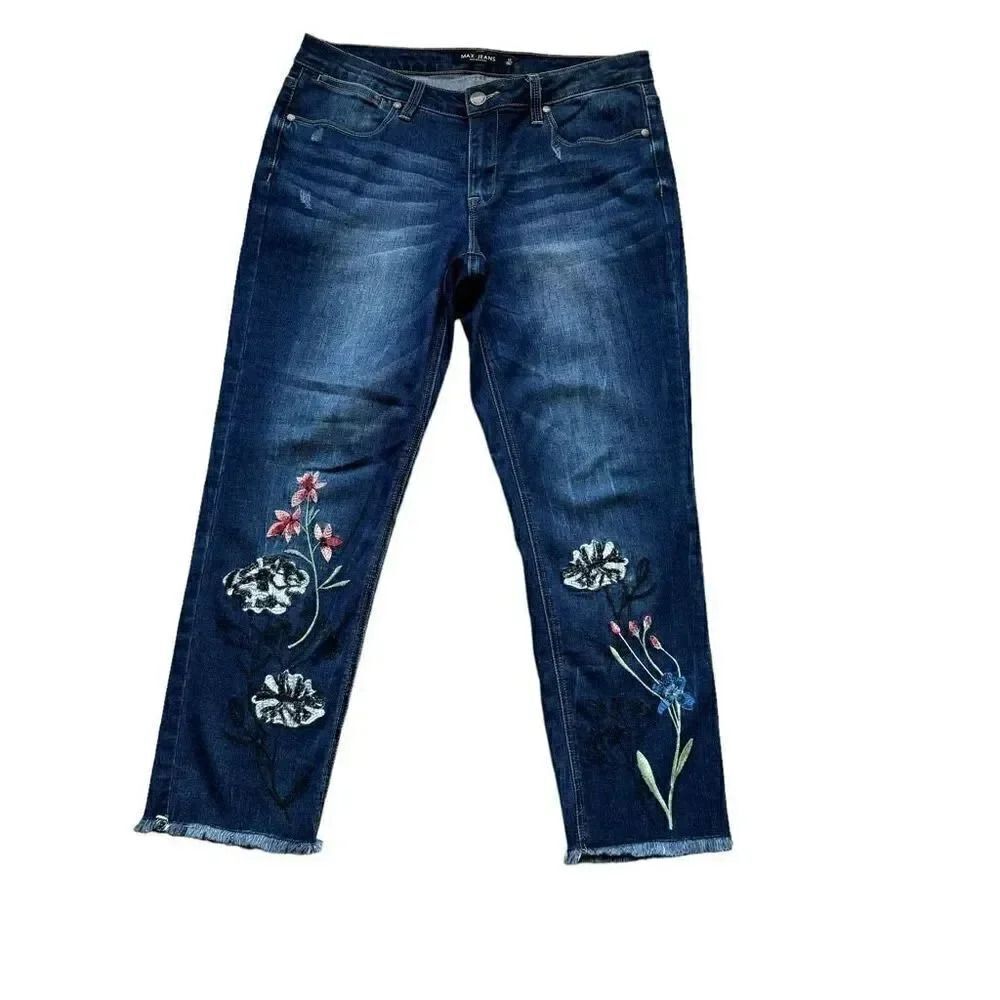 MAX JEANS Women's Straight Leg Short Floral Cropped  Embroidered Fringe SZ 10
